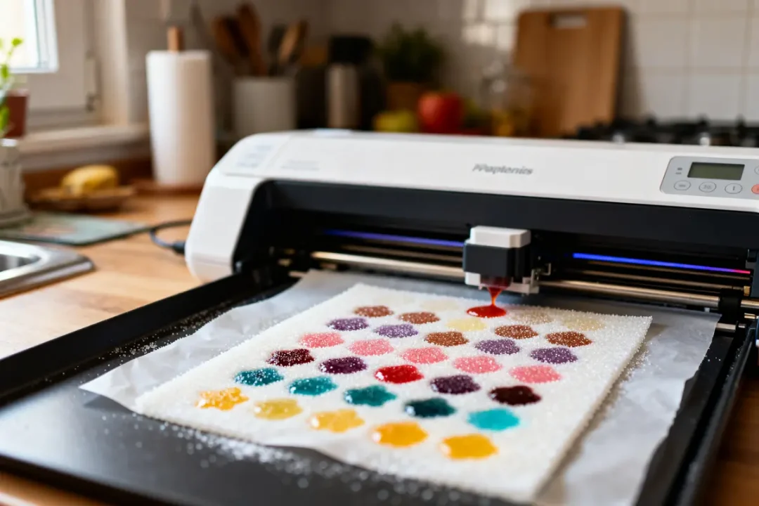 Imprimante alimentaire créant designs colorés sur papier comestible dans une cuisine moderne