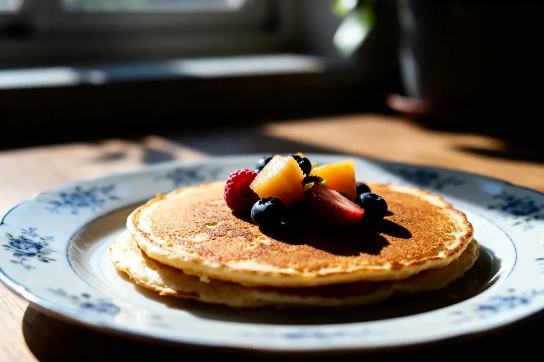 Pancakes garnis de fruits sur assiette, illustrant les kcal d'un pancake au petit-déjeuner