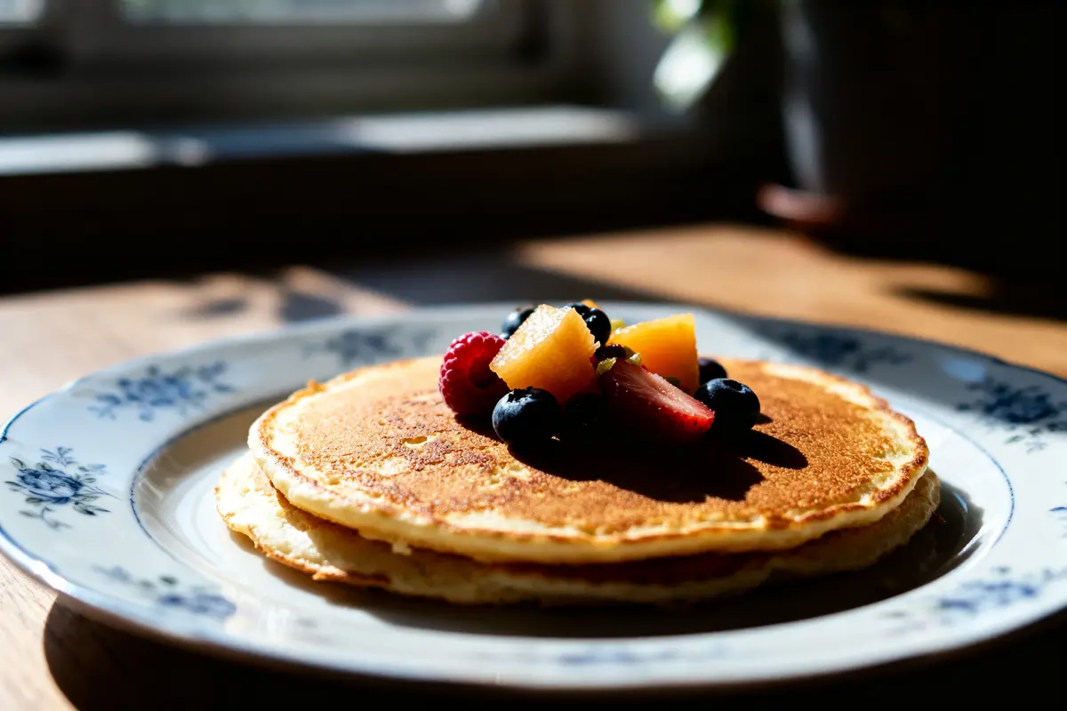 Pancakes garnis de fruits sur assiette, illustrant les kcal d'un pancake au petit-déjeuner