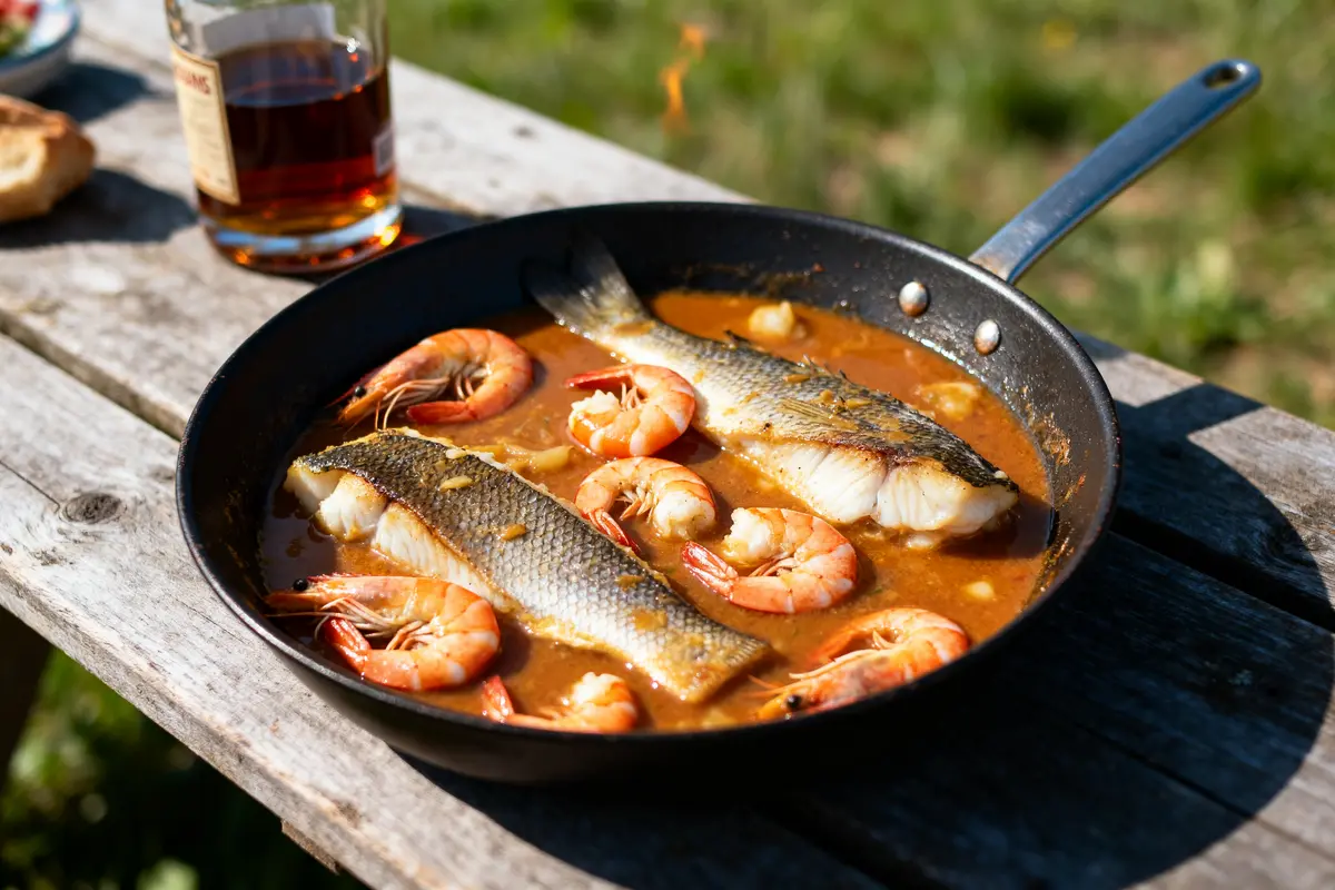 Poissons et crevettes mijotant dans une sauce à la lotte à l'armoricaine