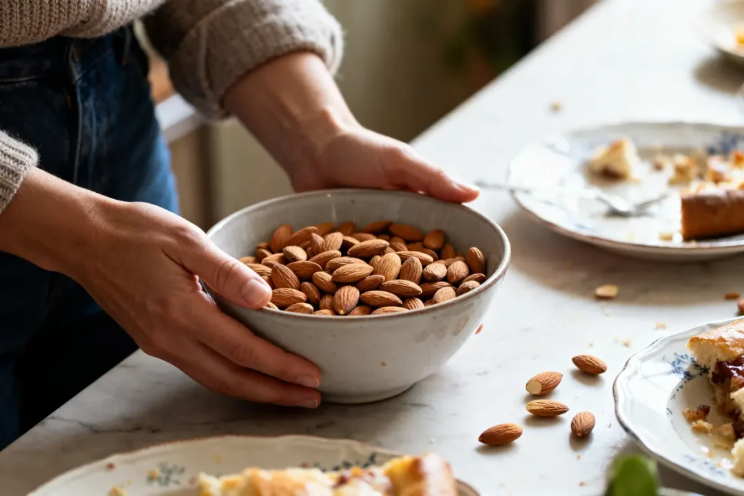 Personne tenant un bol rempli d'amandes, attention à ne pas manger trop d’amandes
