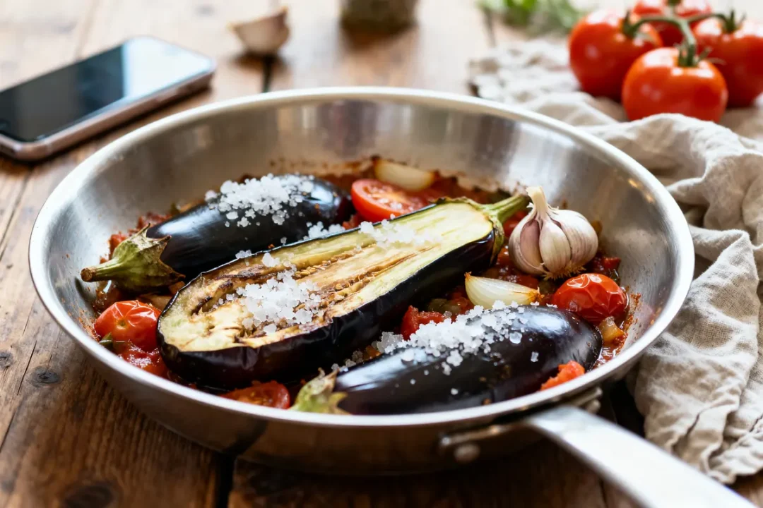Poelée d'aubergines avec tomates, oignons, ail et gros sel dans une poêle en acier