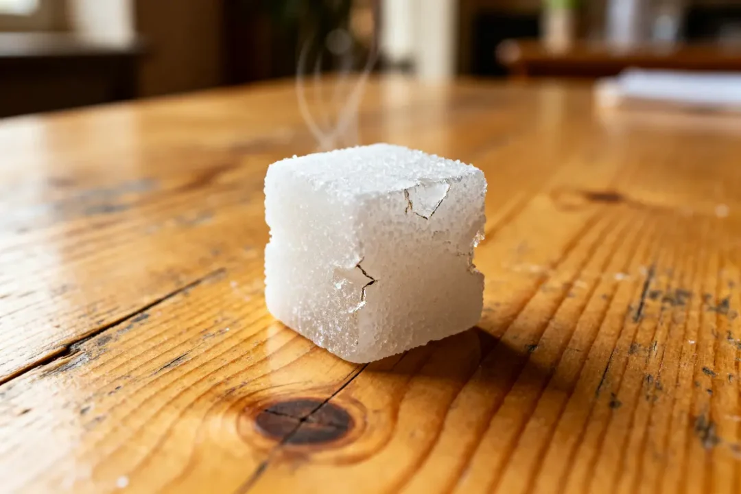 Morceau de sucre cassé fumant sur table soulignant le poids d'un morceau de sucre