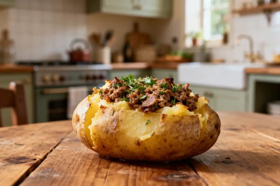 Pomme de terre farcie façon grand-mère garnie de viande hachée et d'herbes fraîches