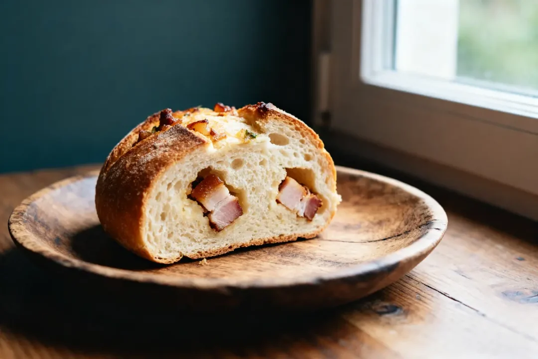 Tranche de pompe aux grattons avec morceaux de viande, sur assiette en bois près d'une fenêtre
