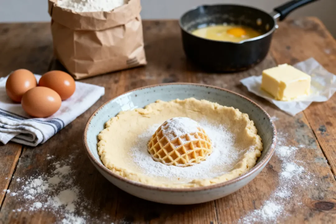 Ingrédients pour recette de grand-mère de la gaufre avec pâte et oeufs sur table rustique