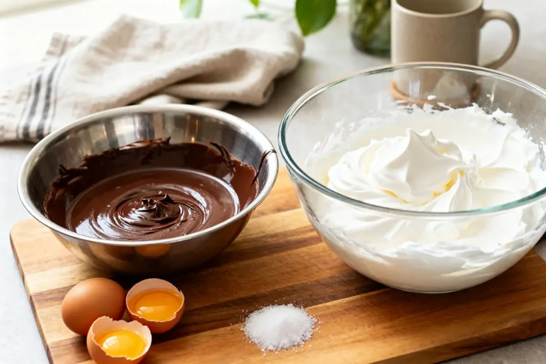 Ingrédients sur une planche pour recette de mousse au chocolat Nestlé avec œufs et crème