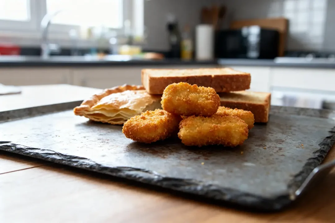Nuggets dorés et sandwich sur plaque dans la cuisine pour recettes à l'airfryer