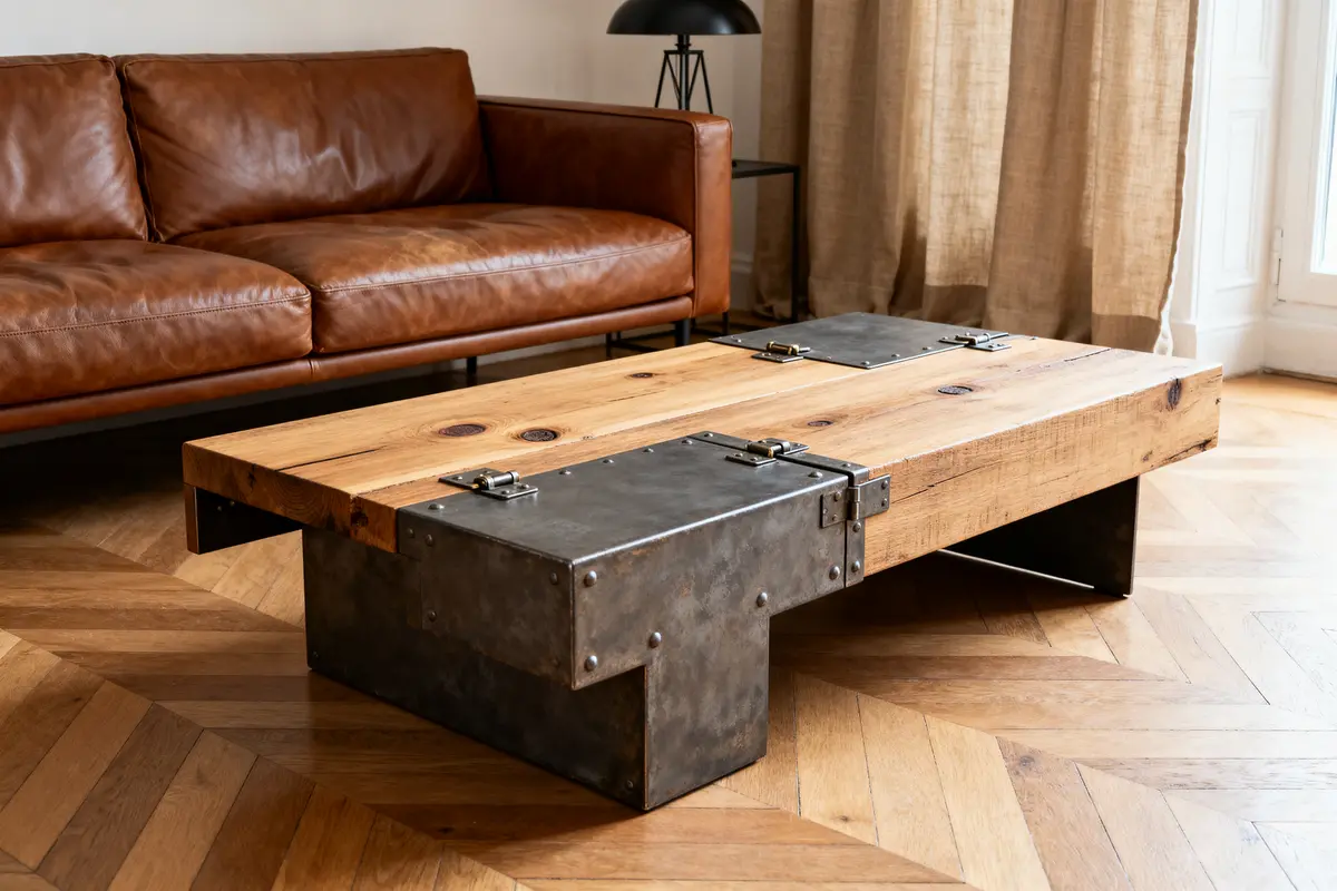 Table basse design Made in Design avec métal et bois devant canapé en cuir marron
