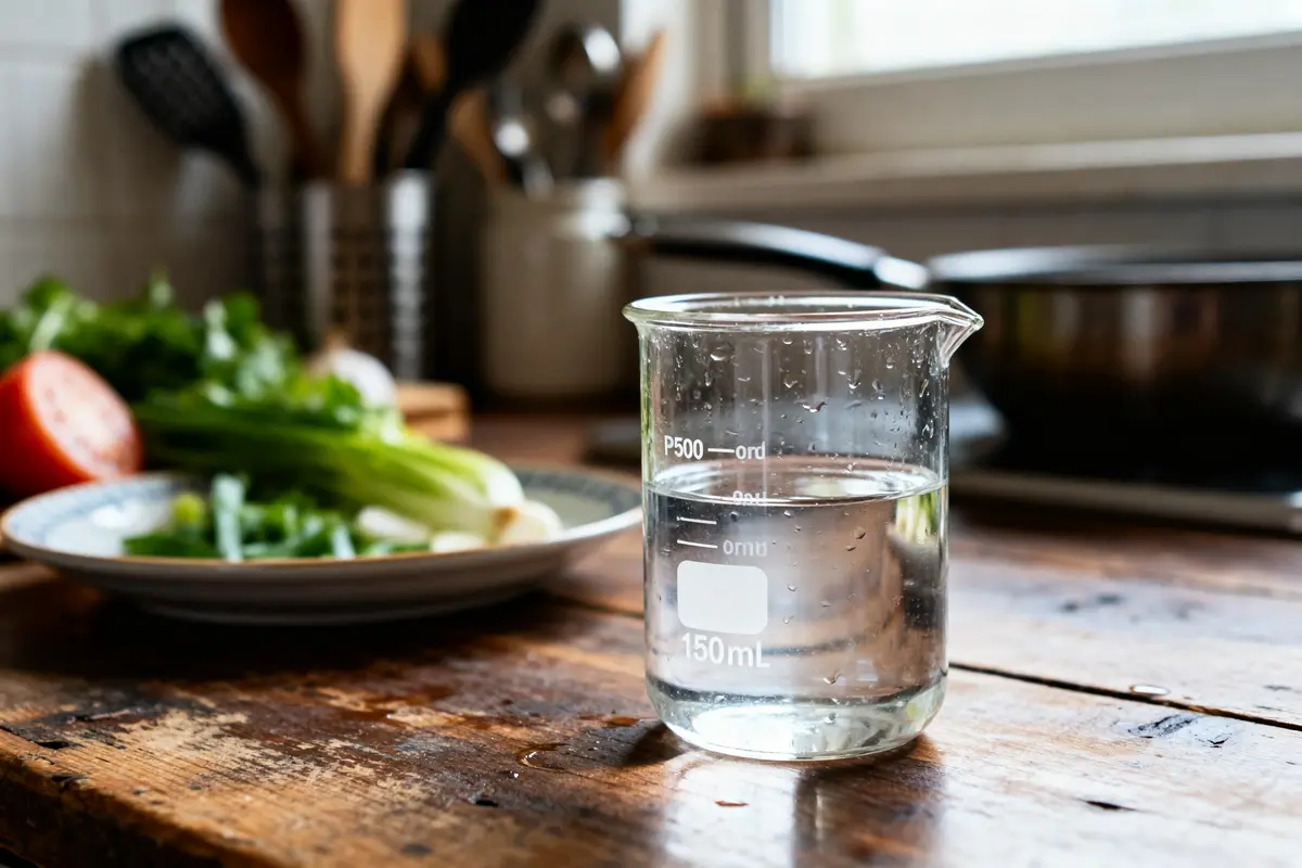 Verre doseur sur table de cuisine avec 15 cl convertis en ml visibles