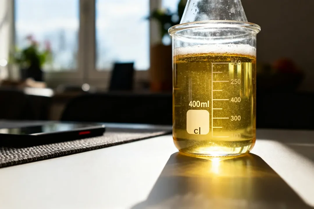 Bêcher contenant un liquide doré sur une table en verre, mesurant 400 millilitres en cl