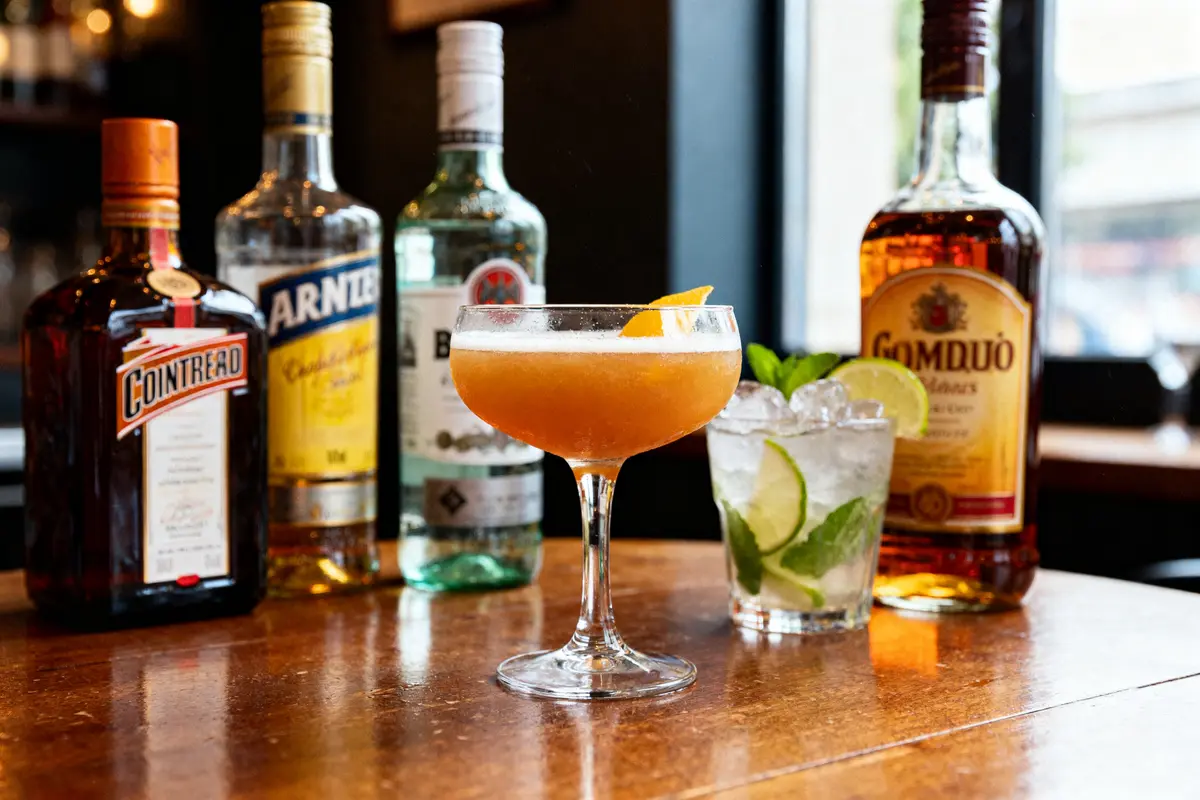Cocktail sophistiqué sur table avec bouteilles d'Amaretto et autres alcools en fond elegant