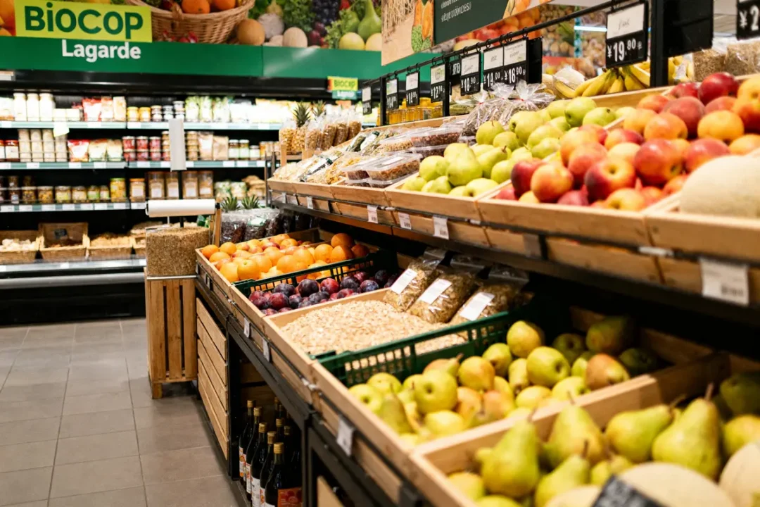 Rayon de fruits et légumes frais dans le magasin Biocoop Lagarde