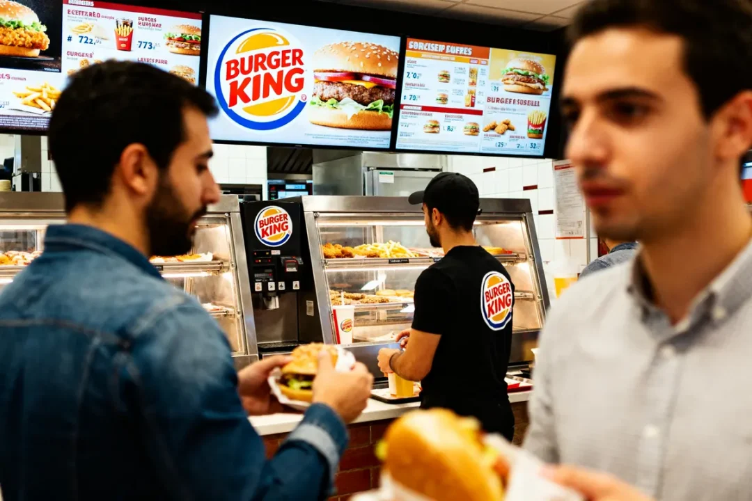 Clients au comptoir Burger King avec menu Burger King halal affiché en arrière-plan