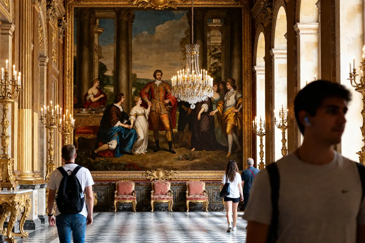 Personnes visitant la galerie d'art au Château de Fontainebleau avec grande peinture historique.