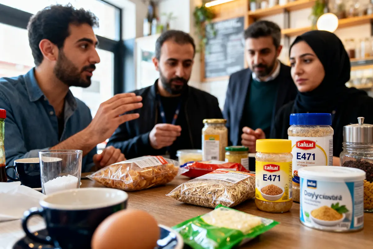 Des personnes discutent autour de produits alimentaires, évaluant si E471 est halal ou haram