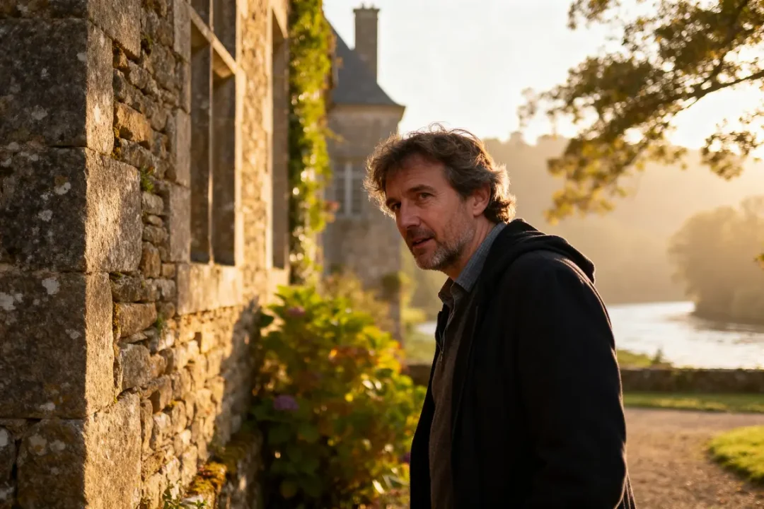 Homme contemplant le jardin ensoleillé du Manoir de Kerouzien magnifique et historique