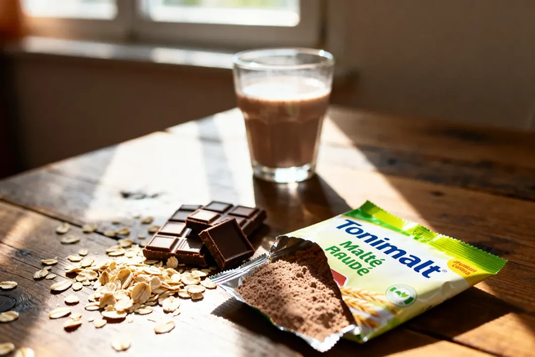 Sachet de malt en poudre Tonimalt avec chocolat, flocons d'avoine, et verre sur table bois