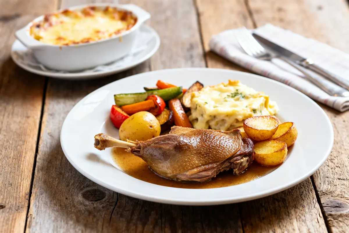 Assiette avec légumes, purée et pomme de terre, accompagnement d’un confit de canard savoureux