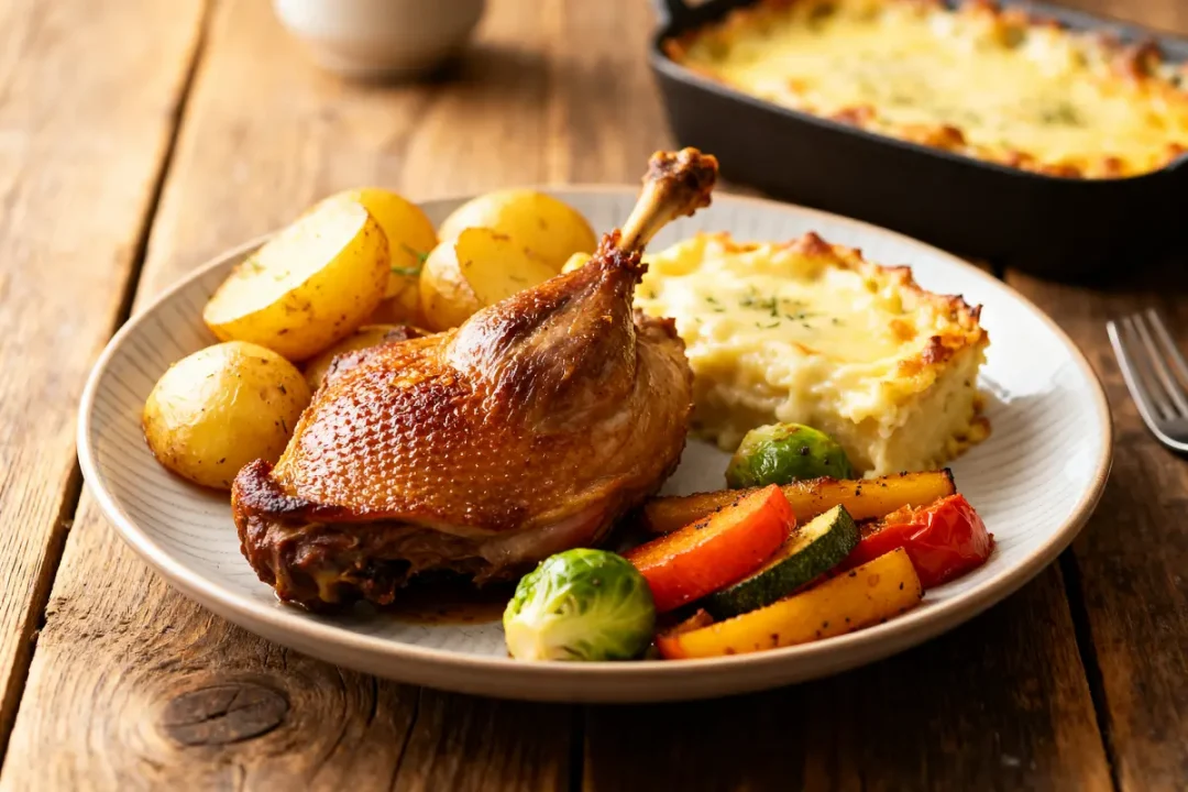 Assiette gourmande avec accompagnement pour confit de canard pommes de terre et gratin crémeux