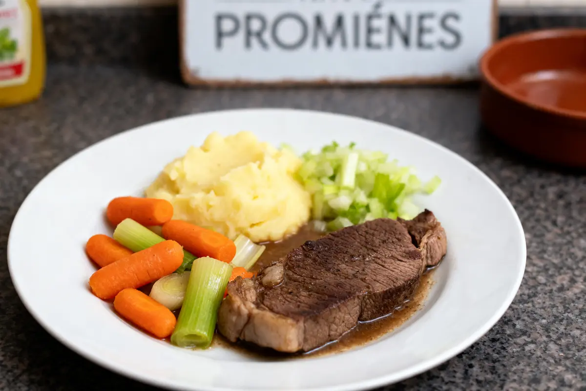 Assiette de langue de bœuf avec purée, légumes, accompagnement pour la langue de bœuf savoureux.