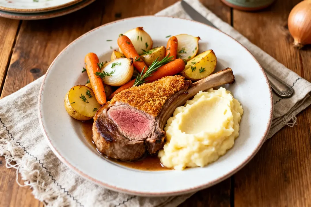 Assiette de filet mignon avec purée et légumes, parfaits accompagnements pour filet mignon.
