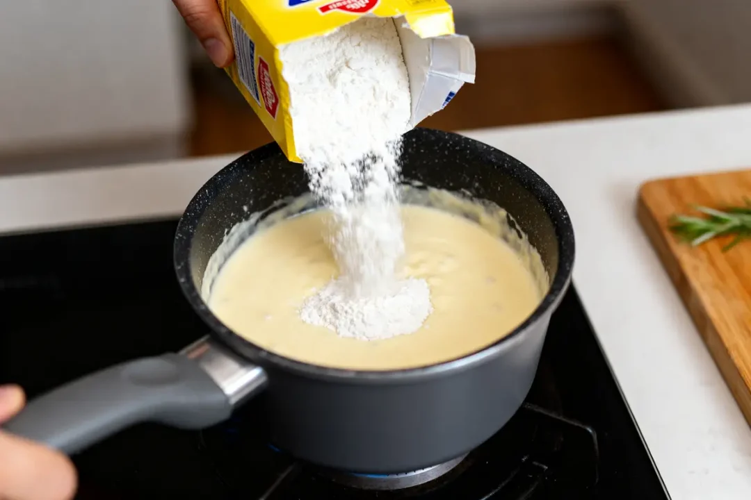 Préparation de béchamel sans farine avec boîte de fécule ajoutée dans casserole chauffée