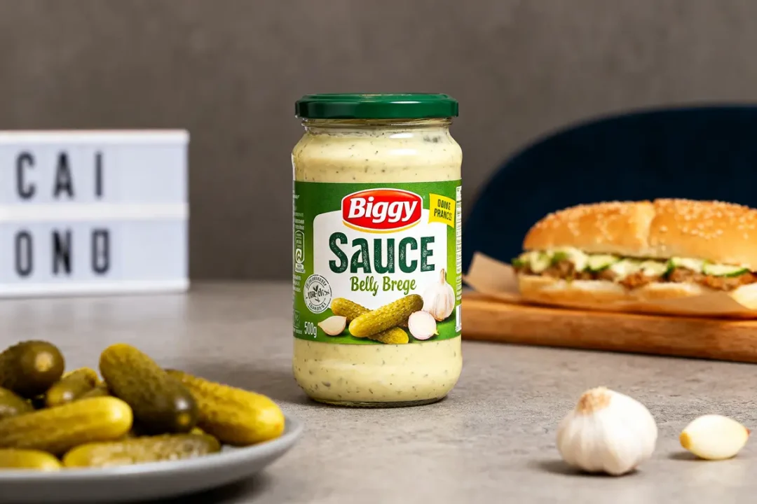 Pot de biggy sauce avec cornichons et sandwich sur table grise