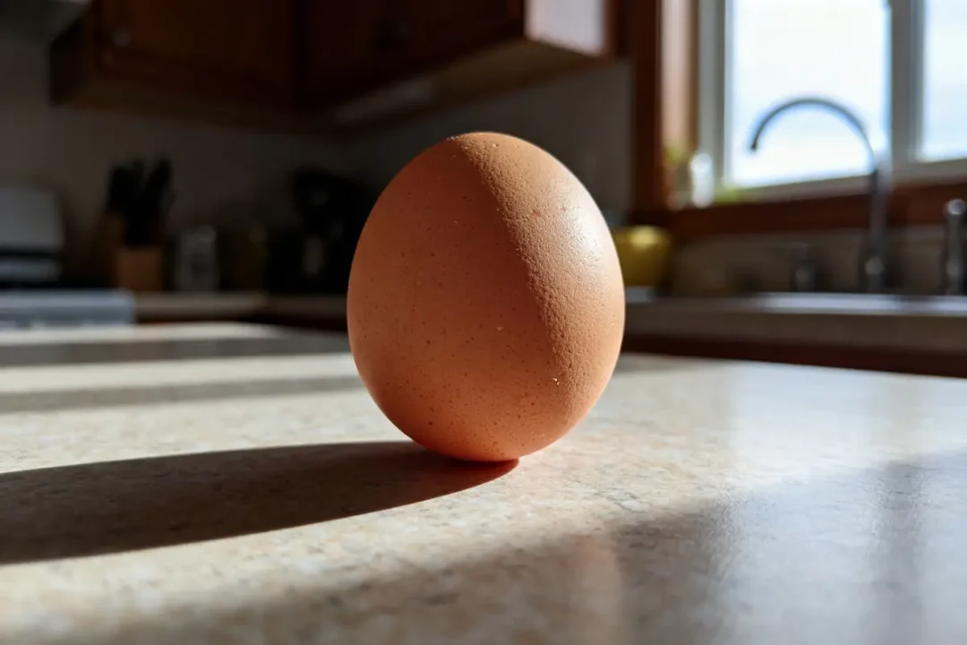Oeuf posé sur une table de cuisine, éclairement naturel, calorie d'un oeuf considérée