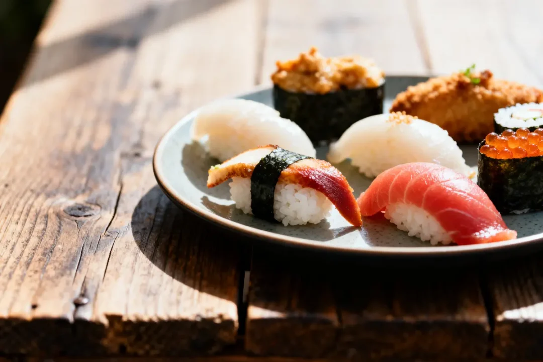 Assortiment de sushis sur assiette en bois, information sur les calories des sushis