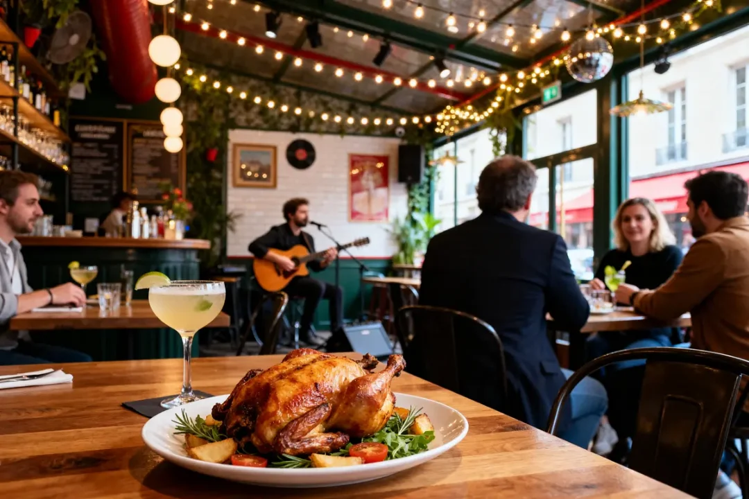 Repas au chouchou bar guinguette avec musique live et ambiance chaleureuse feutrée
