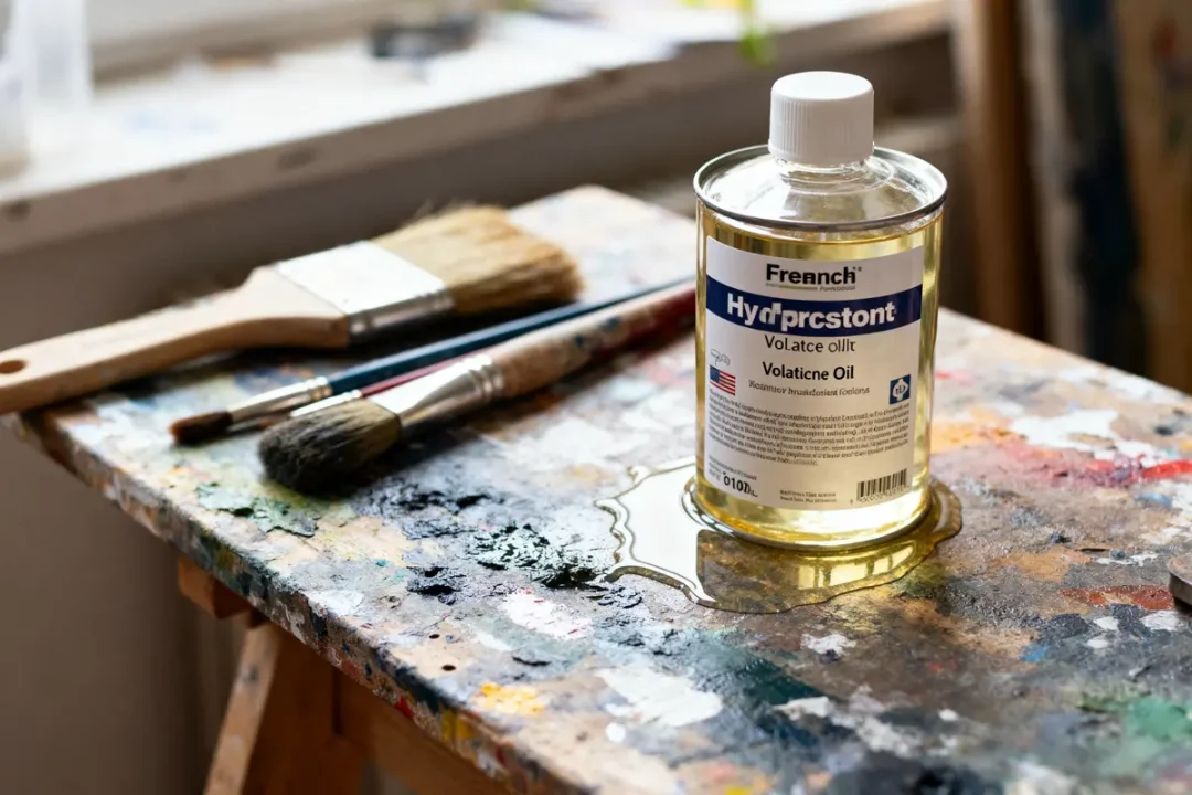 Bouteille de diluant et pinceaux sur une table de travail de peintre artistiquement tachée