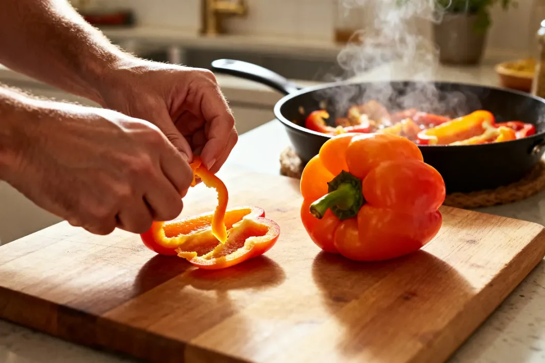 Personne épluchant des poivrons rouges sur une planche en cuisine avec poêle fumante.