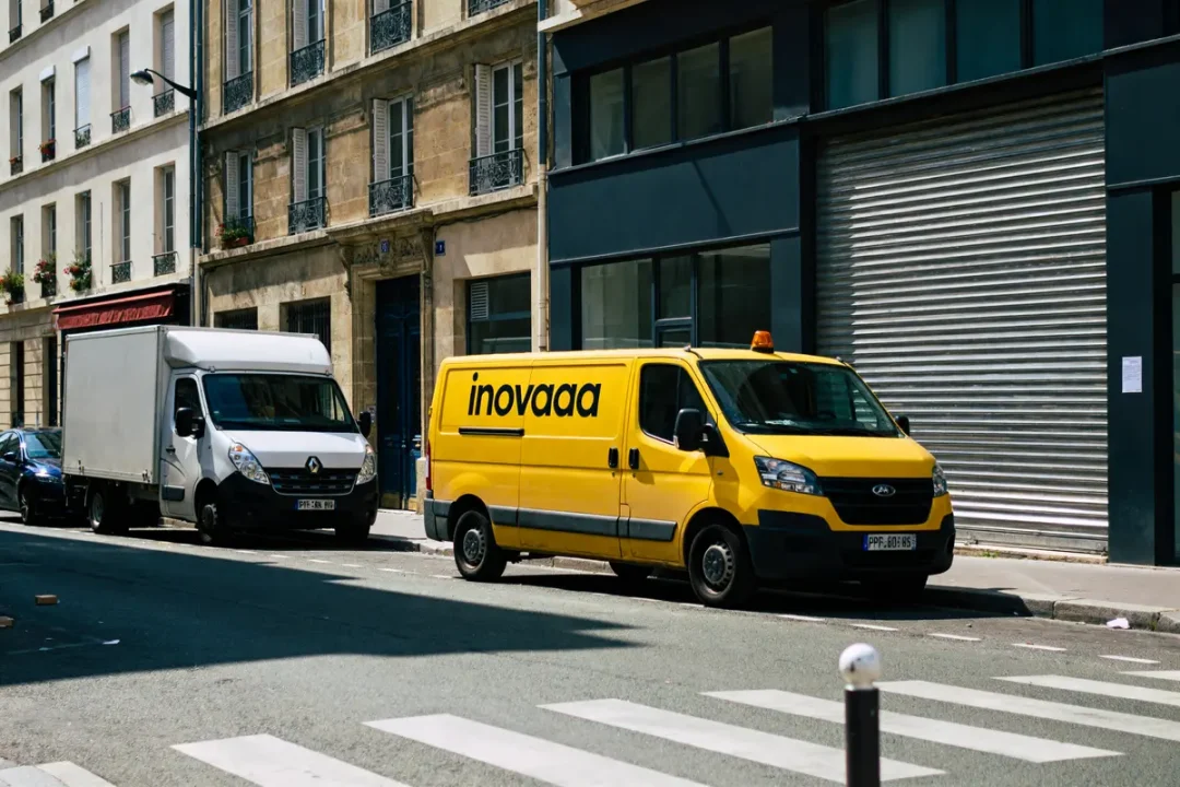 Camionnette jaune de Innovaaa devant un bâtiment urbain avec un fourgon blanc stationné