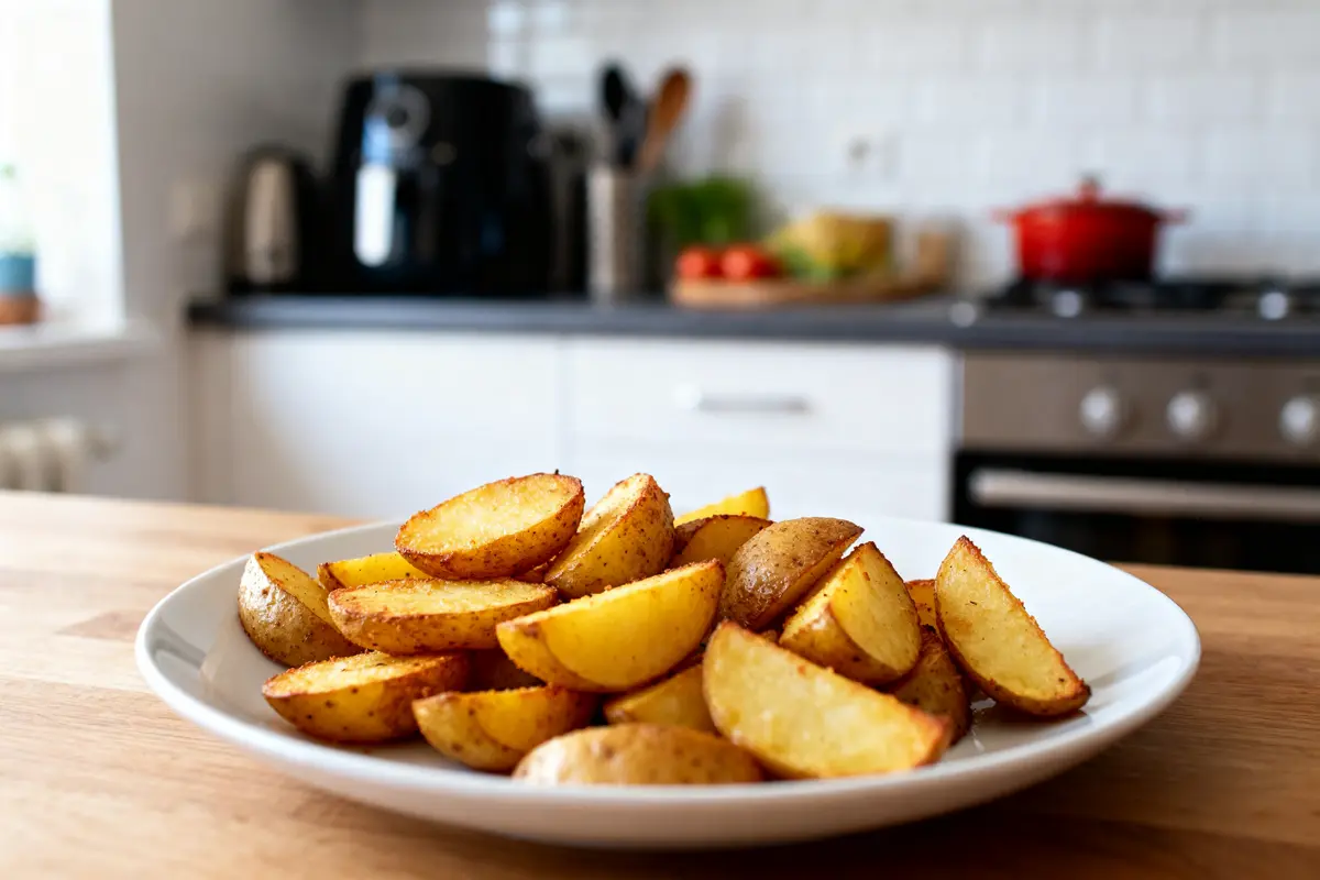Assiette de pommes de terre dorées au air fryer sur table de cuisine