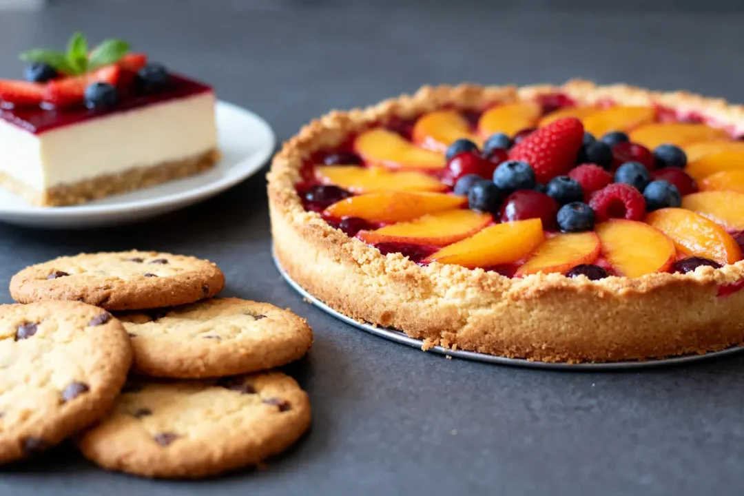 Tarte aux fruits, cheesecake et cookies montrant que faire avec une pâte sablée