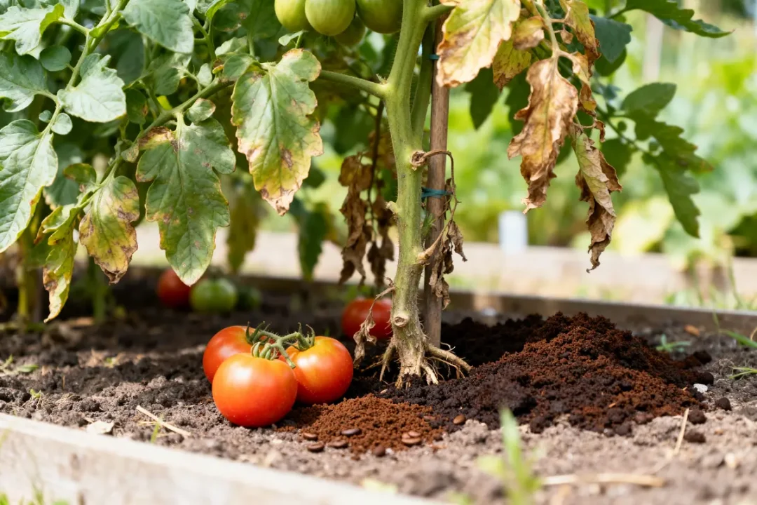 Plant de tomates avec feuilles jaunissantes et marc de café, quelle plante éviter pour cela