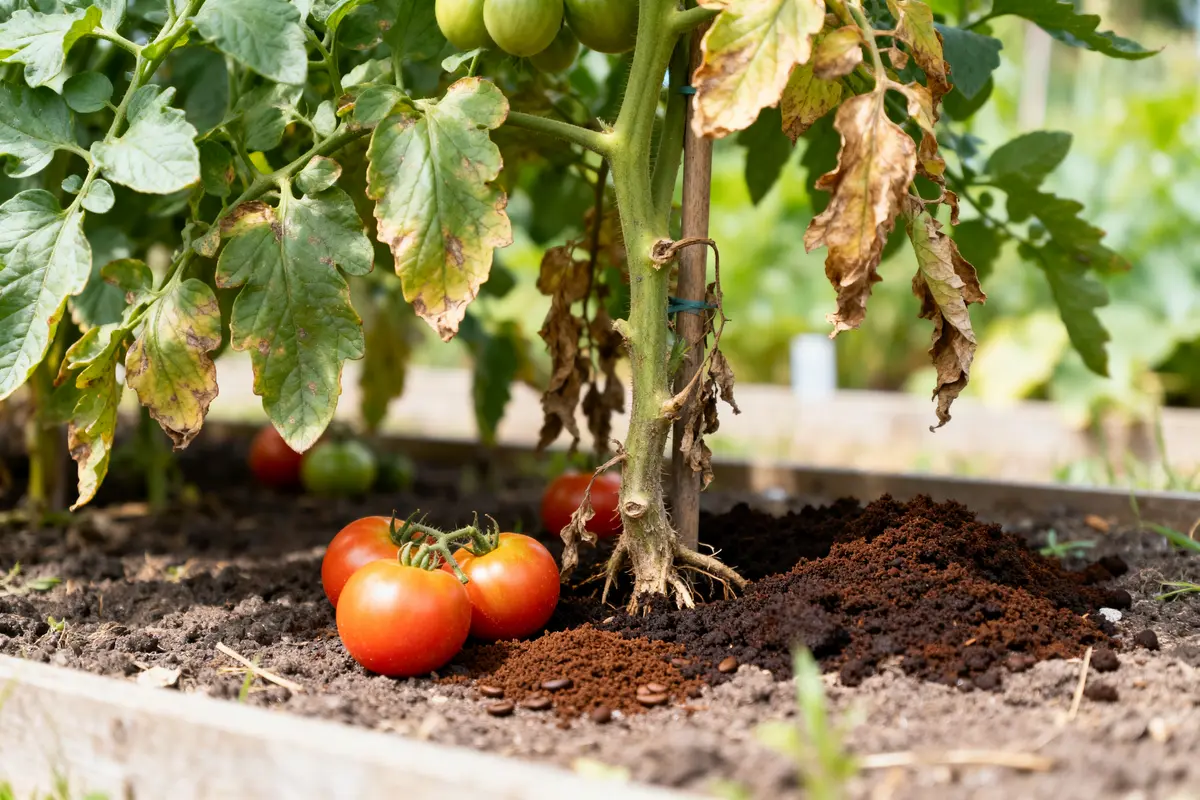 Plant de tomates avec feuilles jaunissantes et marc de café, quelle plante éviter pour cela
