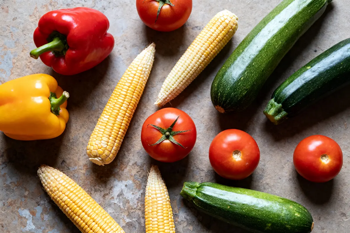 Poivrons, tomates, courgettes et maïs idéals pour accompagner des encornets en cuisine