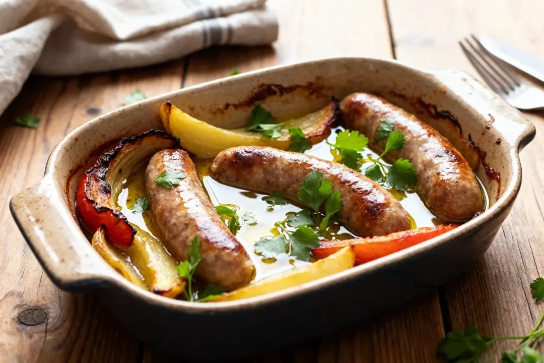 Plat de saucisses et légumes rôtis illustrant une recette avec chipo savoureuse