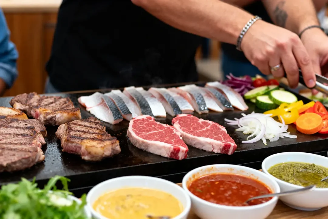 Viandes et légumes variés grillés pour une savoureuse recette de pierrade avec sauces assorties
