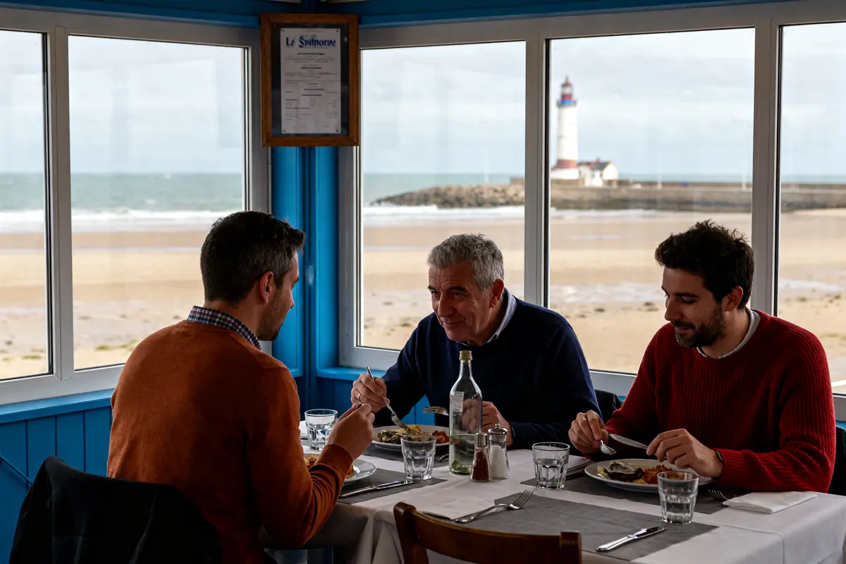 Trois hommes déjeunent avec vue maritime au restaurant Le Sémaphore face au phare.