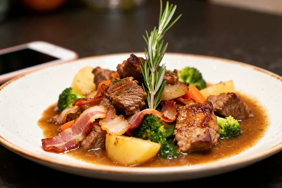 Sauté de veau grand-mère avec légumes, lardons et romarin sur une assiette blanche rustique
