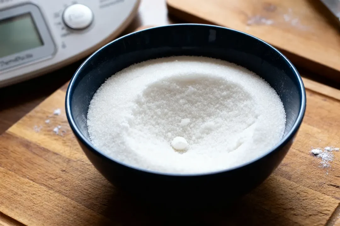 Bol de sucre glace préparé au Thermomix sur une planche en bois