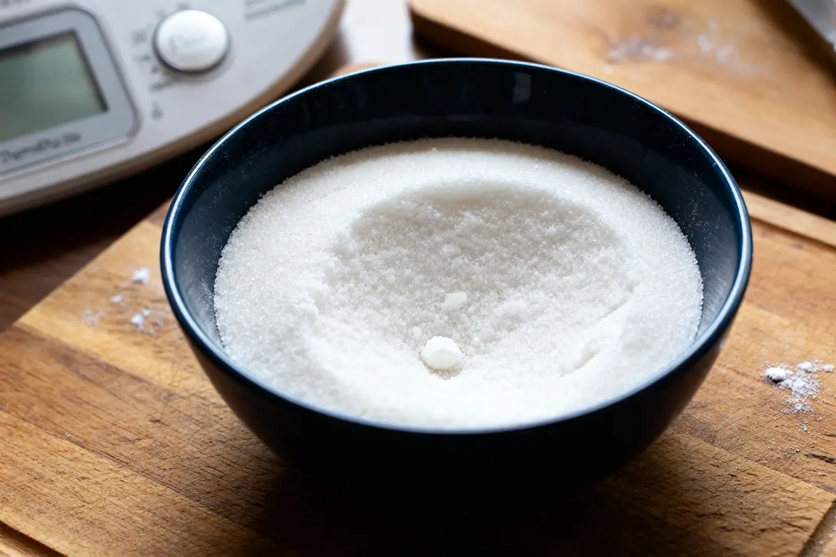Bol de sucre glace préparé au Thermomix sur une planche en bois