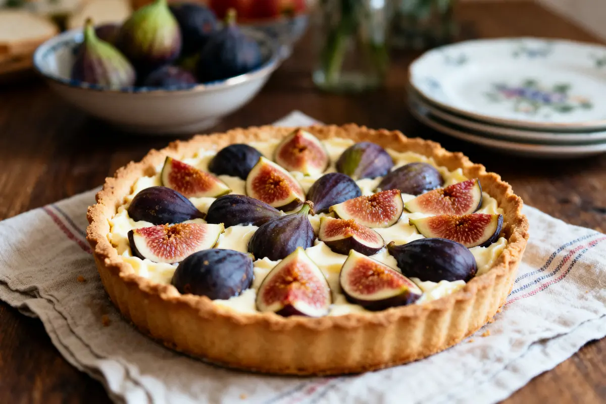 Tarte aux figues de ma grand-mère sur nappe avec arrière-plan assiettes et fruits frais