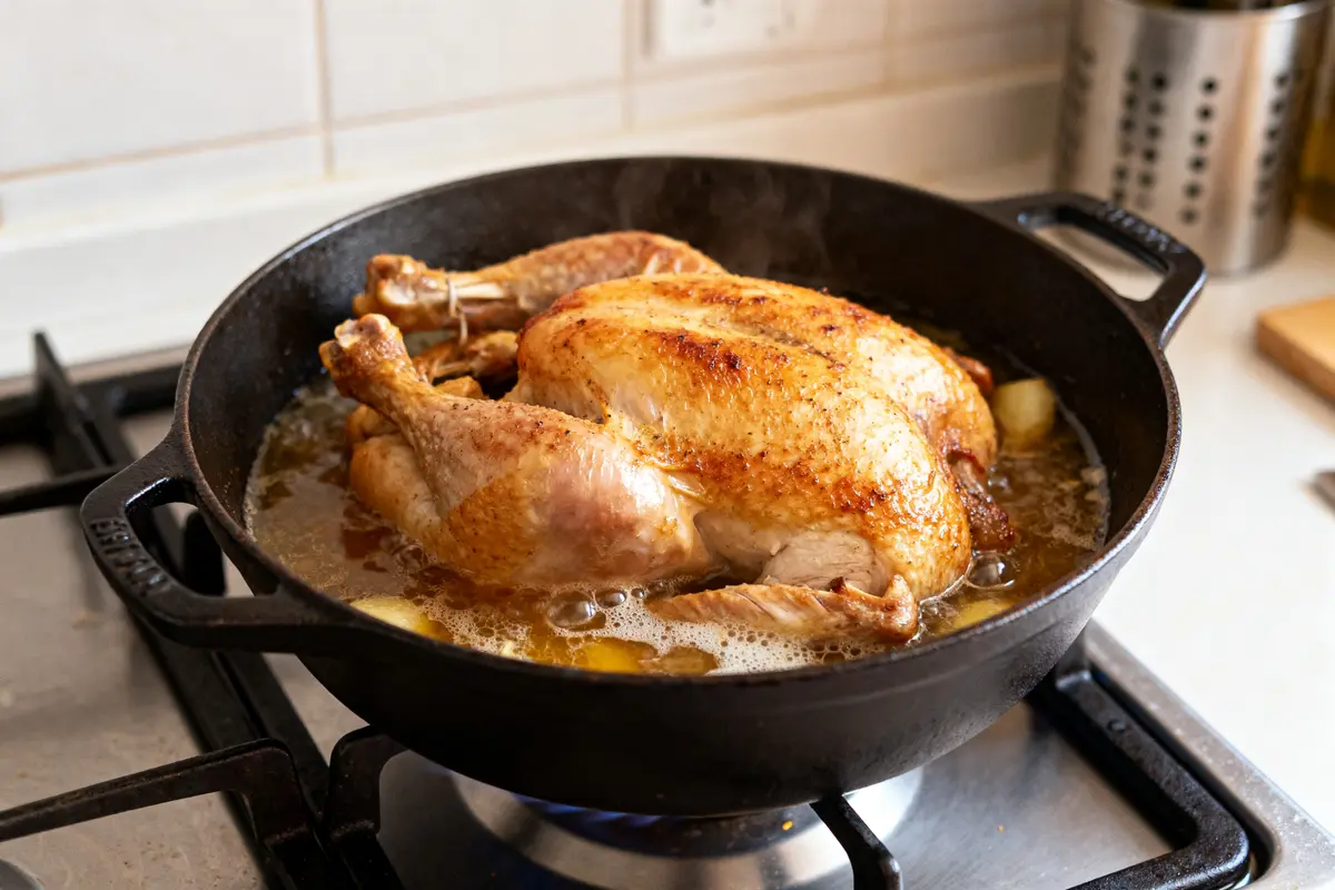 Chapon doré mijotant dans cocotte en fonte, temps de cuisson sans utilisation de four