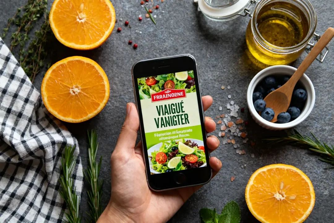 Téléphone montrant une vinaigrette sans vinaigre entouré d'oranges, miel et myrtilles