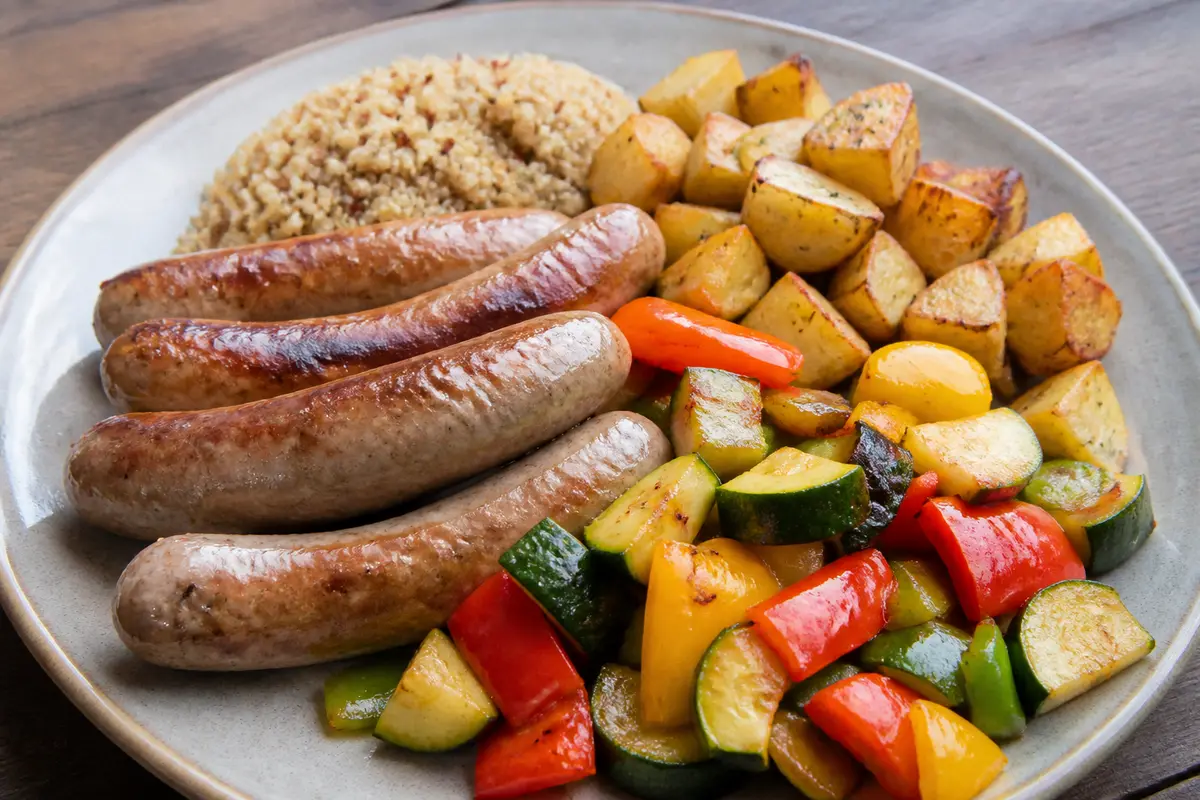 Assiette avec saucisses grillées, légumes colorés rôtis et quinoa, présentation appétissante de repas équilibré.