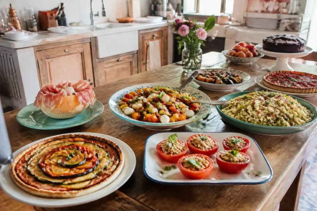 Buffet méditerranéen avec salades, tomates farcies, melon au jambon, tarte, tarte aux légumes et fleurs.